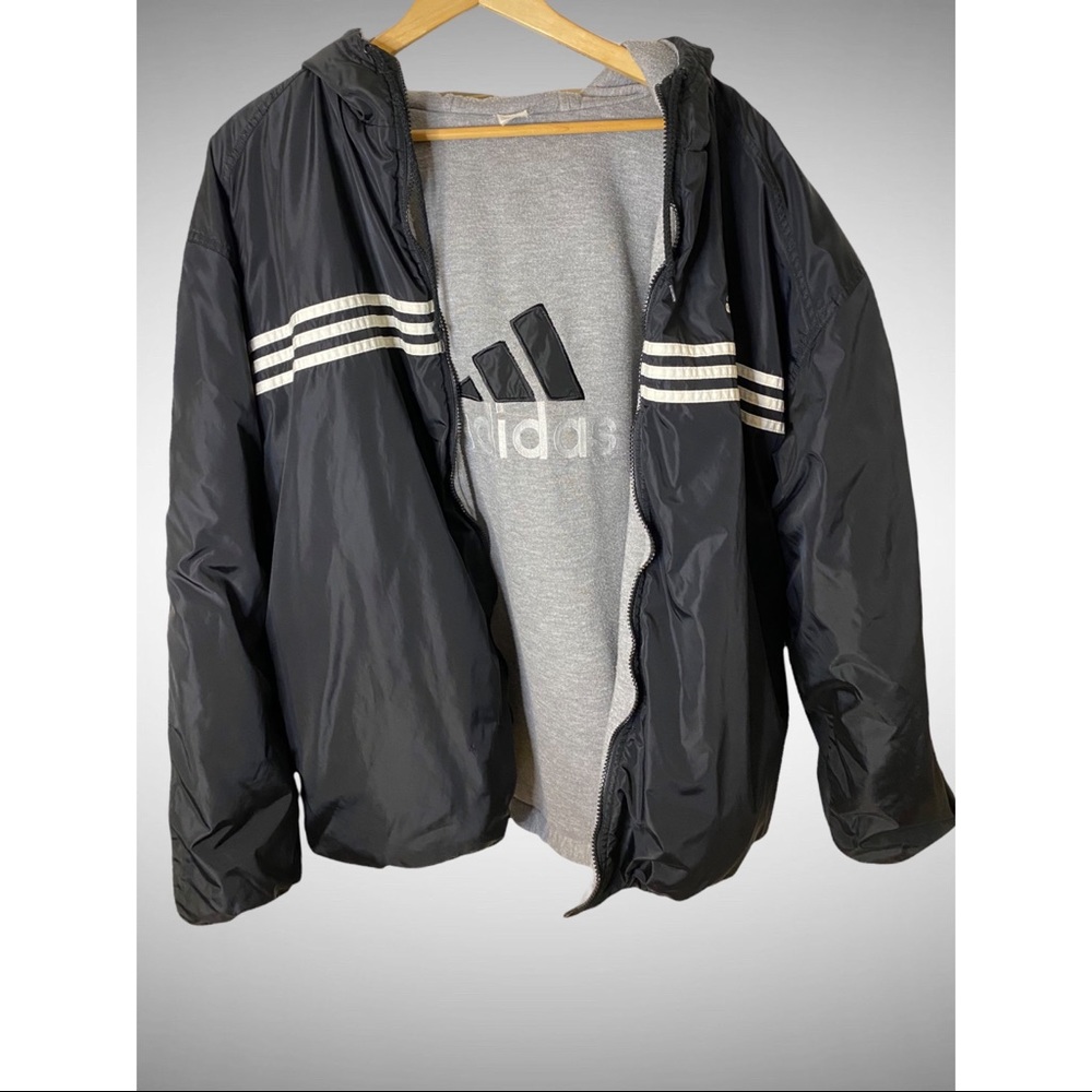 Vintage 90’s Adidas Reversible Jacket Hood Black Gray Coat Mens XL